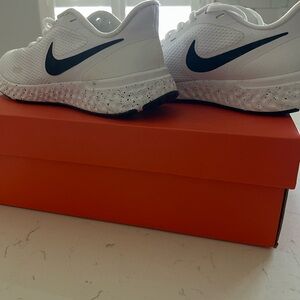 Nike Kids White Sneakers with Navy Swoosh